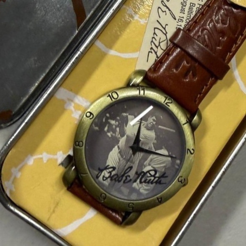 Babe Ruth 100th Anniversary Wristwatch Baseball Collectible Tin Brown Leather